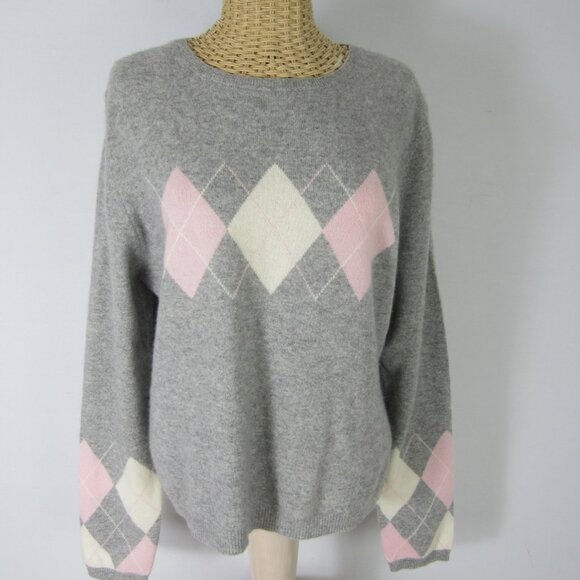 Vtg Lord & Taylor Women XL Gray Pink Argyle 2ply Cashmere LS Pullover Sweater - Picture 6 of 9
